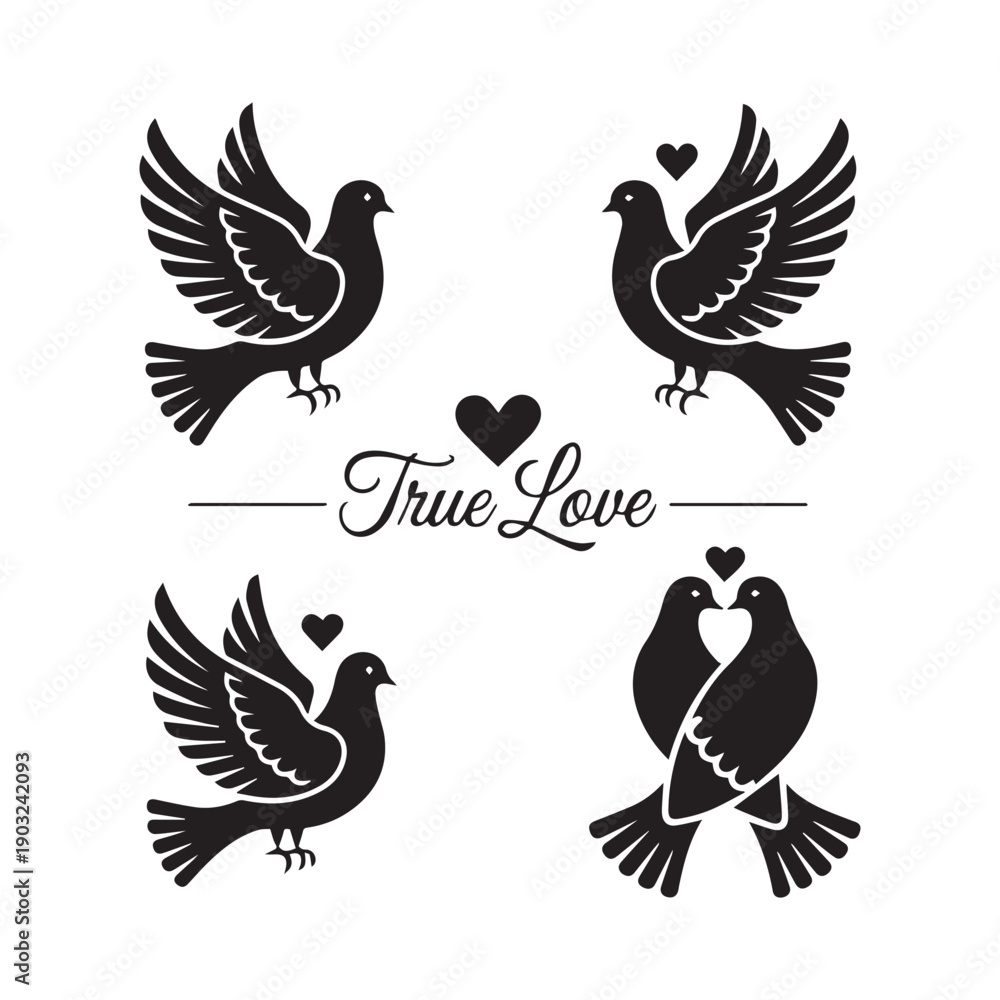 Fototapeta premium Sweetest Love Dove Silhouette Set Wedding Bird Icons with Hearts and Olive Branches