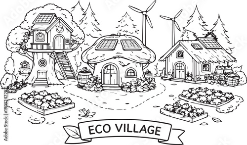 Charming black-and-white coloring page for kids featuring an eco-friendly forest village. The scene includes sustainable treehouses, solar panels, wind turbines, and lush gardens, promoting green livi