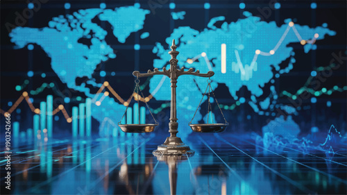 A digital composite image of a brass Scales of Justice against a futuristic digital background (1)_traced