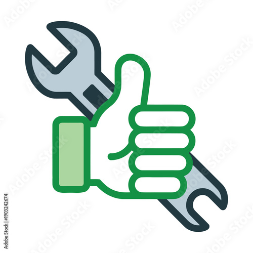 Illustration of a hand giving a thumbs-up while holding a wrench, symbolizing excellent service and reliable technical support.