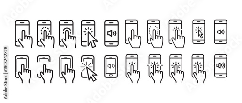 Smartphone Touch Gesture Vector Icons: Minimalist Line Art Set Featuring Hand Taps, Clicks, Swipes, and Volume UI Elements for Mobile App and Web Interface Design Projects