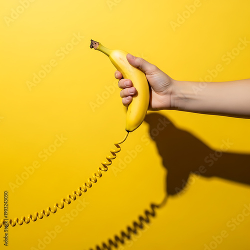 Hand holding banana as phone with coiled cord on yellow background  