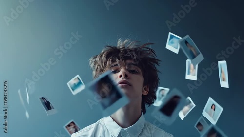 A person surrounded by floating polaroid photos of themselves in different roles and styles, levitating around their head, modern minimalist studio