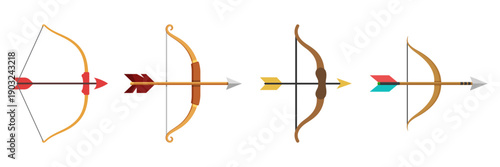 Archer bow icon set collection in flat style. Archery weapon vector illustration on isolated background. Hunter target sign business concept.