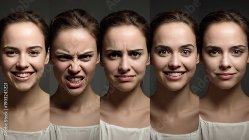Composite portrait showing same person displaying  different emotions side by side - joy, anger, sadness, excitement, calm, seamless blend