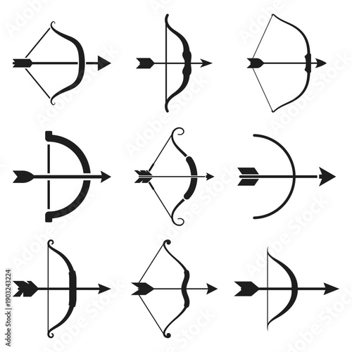 Archer bow icon set collection in flat style. Archery weapon vector illustration on isolated background. Hunter target sign business concept.