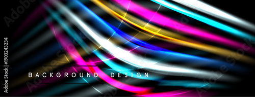 Abstract vibrant lines create dynamic background. Bright colors blend, forming modern design element. Dark space emphasizes luminosity.