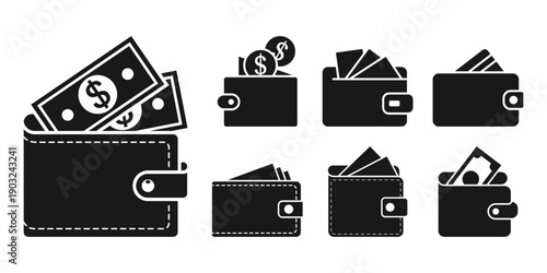 Wallet with paper bills icon set collection in flat style. Money bag vector illustration on isolated background. Financial accessory sign business concept.