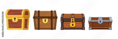 Treasure chest icon set collection in flat style. Money box vector illustration on isolated background. Financial container sign business concept.