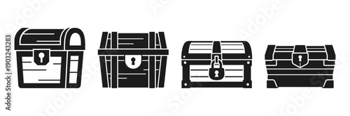 Treasure chest icon set collection in flat style. Money box vector illustration on isolated background. Financial container sign business concept.