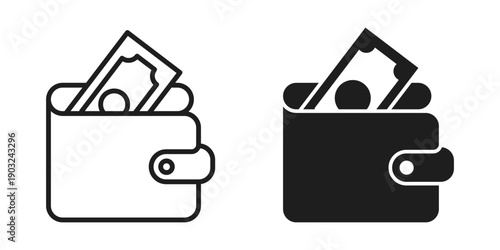 Wallet with paper bills icon in flat style. Money bag vector illustration on isolated background. Financial accessory sign business concept.