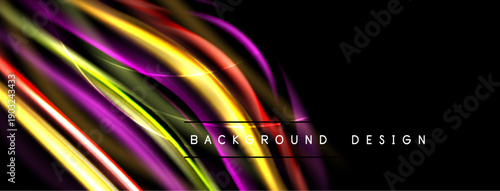 Abstract colorful waves, dynamic lines, vibrant gradients. Modern design element for backgrounds, presentations. Dark space dominates image.