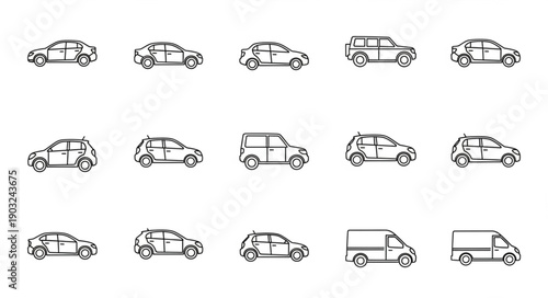 Collection of Hand Drawn Car Icons in Sketch Style.