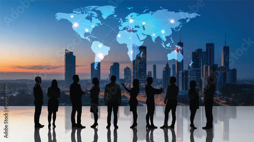 A digital composite image of business professionals silhouetted against a futuristic cityscape at dusk (3)_traced