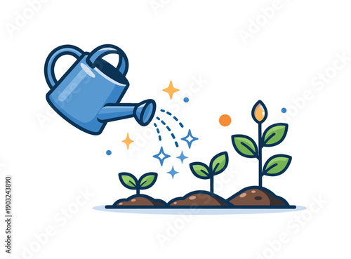 Nurturing Spring Growth. Spring renewal concept watering can nourishing young plants with soft sparkles, symbolizing care, patience, and sustainable personal