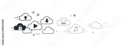 Digital memory and forgetting. Cloud storage icons drifting apart, some becoming lighter and less defined. Natural erosion of digital traces