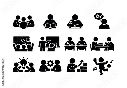 Learning activities. Solid icon set of Learning activities: group work, reading books, writing notes, solving problems, classroom quiz,