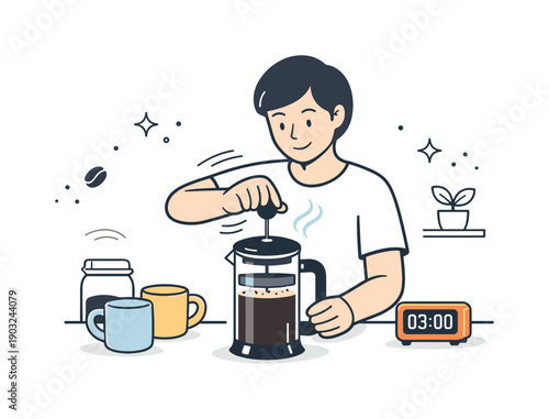 French press coffee at home. A person pressing down a French press slowly, enjoying a relaxed brewing moment. Quiet kitchen scene with mugs,