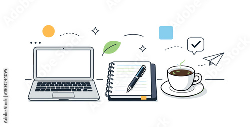 Office tools and workspace objects. A clean editorial scene with a laptop, notebook, pen and coffee cup neatly arranged on a desk, calm focus