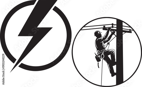 High voltage warning and lineman working on a utility pole