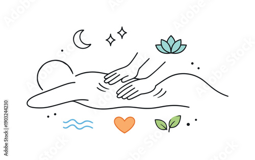 Recovery-focused sports massage. Abstract representation of hands, body outline, and calming symbols indicating relaxation and muscle