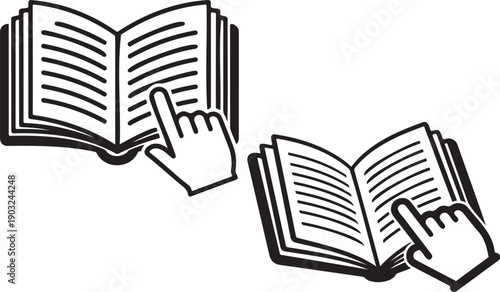 Open books with pointing hands a simple black and white illustration