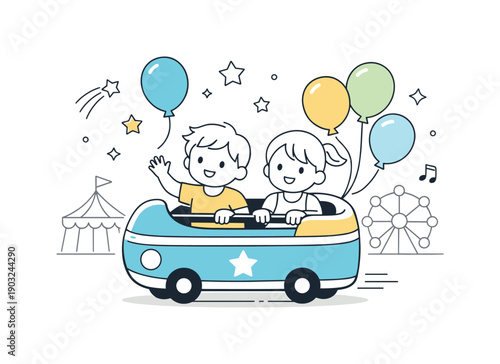Summer fairs and fun rides. Children enjoying a gentle ride with balloons and stars floating around. Innocent excitement and carefree mood.