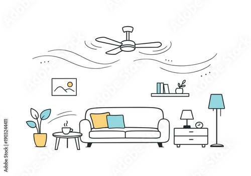 Air moving through rooms. A ceiling fan slowly spinning above a simple living area, gentle airflow indicated with curved lines. The mood