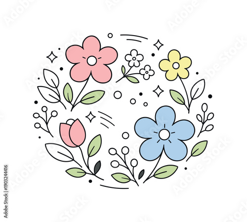 Soft pastel flower arrangements. Stylized flowers arranged in a circular composition, suggesting harmony and gentle growth. Friendly modern