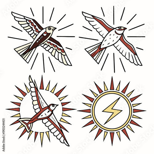 A collection of four distinct compasses with unique designs and symbols. Vector