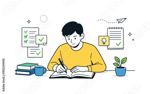 Focused work session. A character concentrating on a single task while completed checkmarks and notes stay neatly arranged nearby. Calm