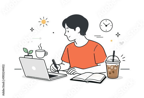 Morning work sessions with iced coffee. Calm early workspace with a person starting the day, iced coffee on the desk beside a laptop and