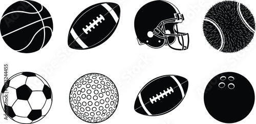 Sports equipment silhouette set featuring basketball soccer ball football helmet golf bowling and tennis ball icons vector