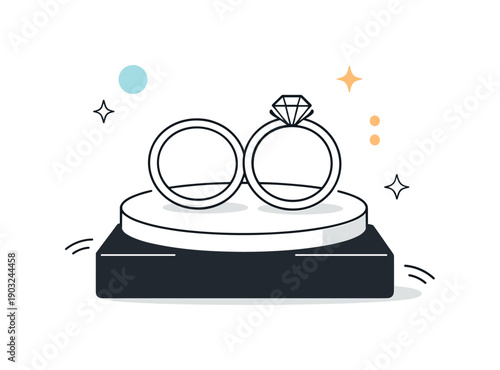 Minimal rings on pedestal. A pair of rings resting on a simple geometric stand. Clean presentation, elegance, and modern jewelry showcase