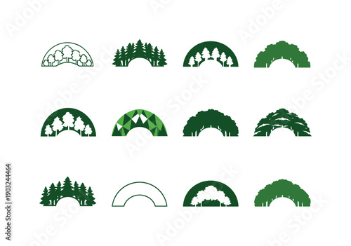 Forest canopy. Icon set. Set Logo of Forest canopy: natural green roof symbol. harmonious logo variations of the same emblematic concept,