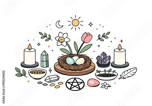 Spring Equinox Altar. Spring equinox symbolic altar. A small indoor space with candles, crystals, seeds, and natural spring items arranged in a calming way.