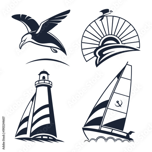 A collection of maritime symbols including a lighthouse, a sailboat, a seagull, and a sun. Vector