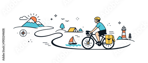 Bike touring routes. Abstract route line winding across the scene with a cyclist calmly riding forward. Feeling of freedom, slow travel, and