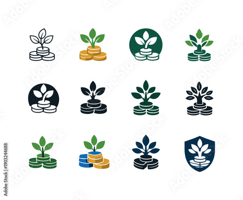 Life insurance and retirement planning. Icon set. Set Logo of Life insurance and retirement planning: tree growing from coin stack.