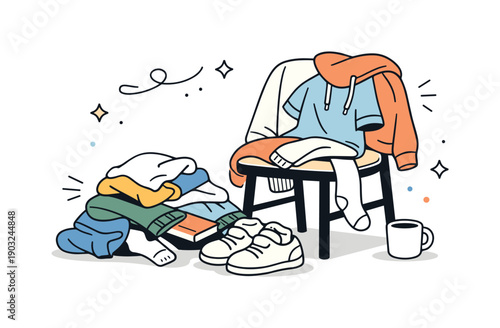 Piles intentional chaos. Clothing casually layered on a chair and floor, soft textures blending into each other. Comfortable disarray in a