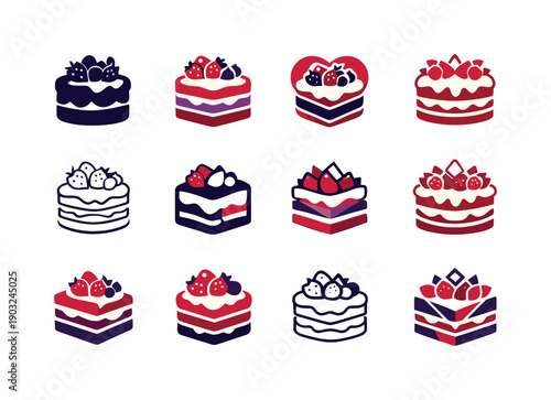 Berry Cake Logo Set. May cake with berries and cream. Icon set. Set Logo of May cake with berries and cream: layered berry shortcake. harmonious logo