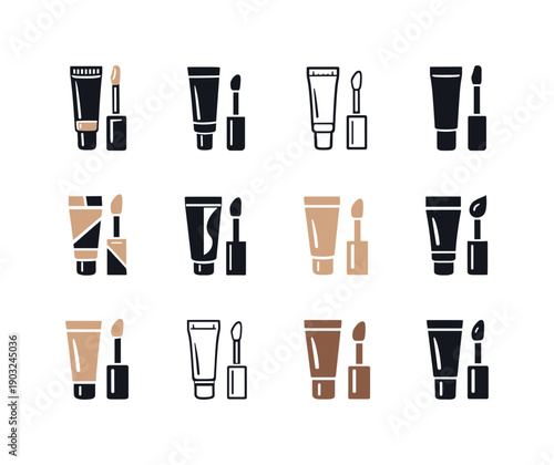 Concealer tubes and applicators. Icon set. Set Logo of Concealer tubes and applicators: beauty makeup tube icon. harmonious logo variations