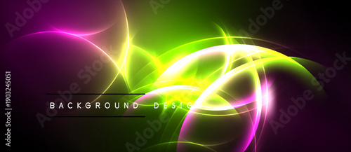 Abstract vibrant energy flows. Purple, green, yellow hues blend. Dynamic design creates futuristic impression. Background features glowing lines.