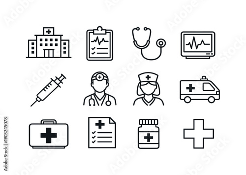 Improving healthcare systems. Line icon set of Improving healthcare systems: hospital building, medical chart, stethoscope, heart rate