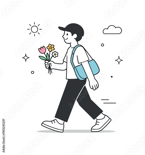 Flowers in Motion. Flowers as everyday gesture outdoors. A person carries a few flowers openly while walking, no destination emphasized. Gentle presence of