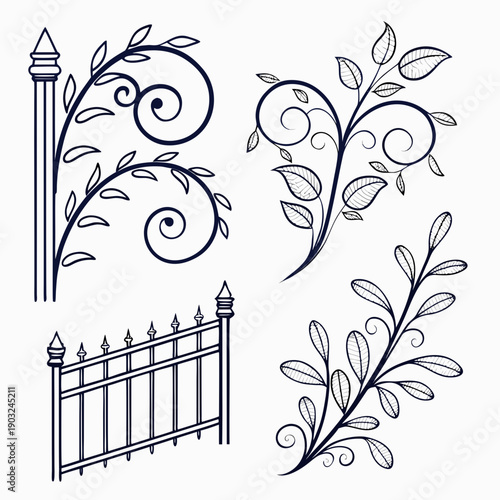 Intricate black and white iron fence designs with ornate floral patterns Vector