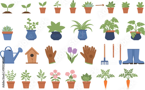 Gardening tools and potted plant collection featuring seedlings flowers watering can gloves boots and garden equipment vector illustration set