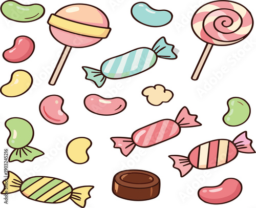 Cute hand drawn candy and lollipop collection featuring colorful sweets jelly beans and wrapped candies cartoon vector illustration set