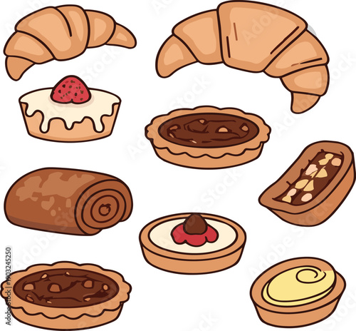 Hand drawn bakery pastry collection featuring croissants pies tarts cakes and sweet desserts colorful cartoon vector illustration set