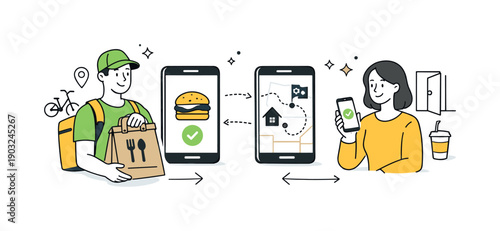 Food delivery app. A courier and a customer connected through a mobile app, showing smooth digital ordering and doorstep delivery. Calm